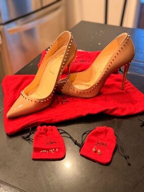 Christian Louboutin Patent Nude Spike-Embellished Pointed-Toe Pumps